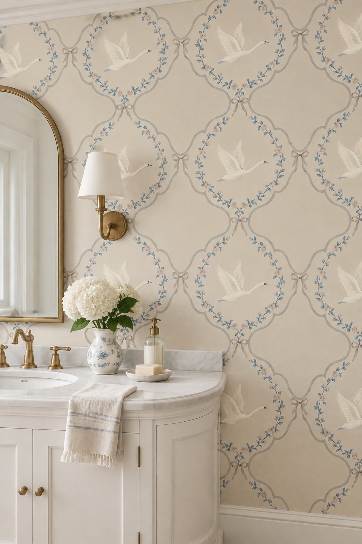 Flying Swans Wallpaper Floral Garland Trellis In Light Beige
