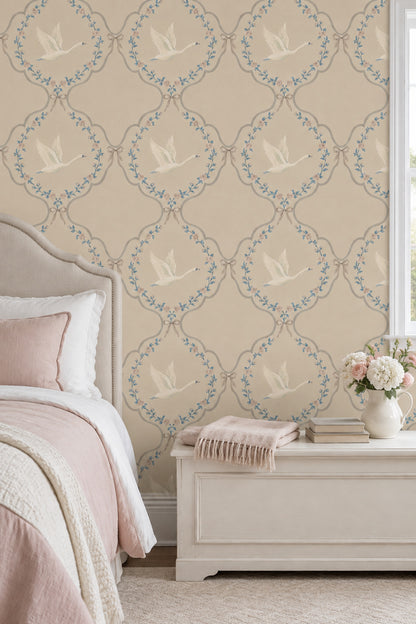 Flying Swans Wallpaper Floral Garland Trellis In Light Beige