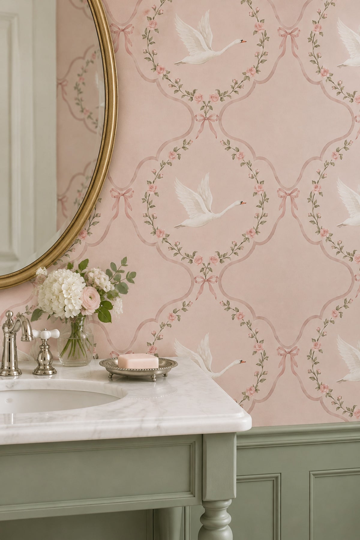 Swans And Roses Wallpaper Pink Wreath Trellis