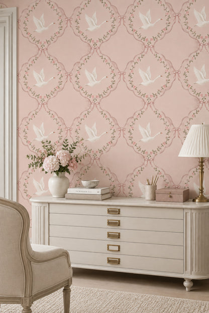 Swans And Roses Wallpaper Pink Wreath Trellis