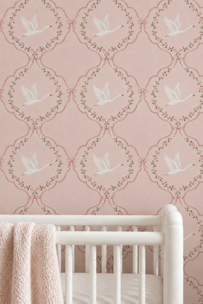 Swans And Roses Wallpaper Pink Wreath Trellis