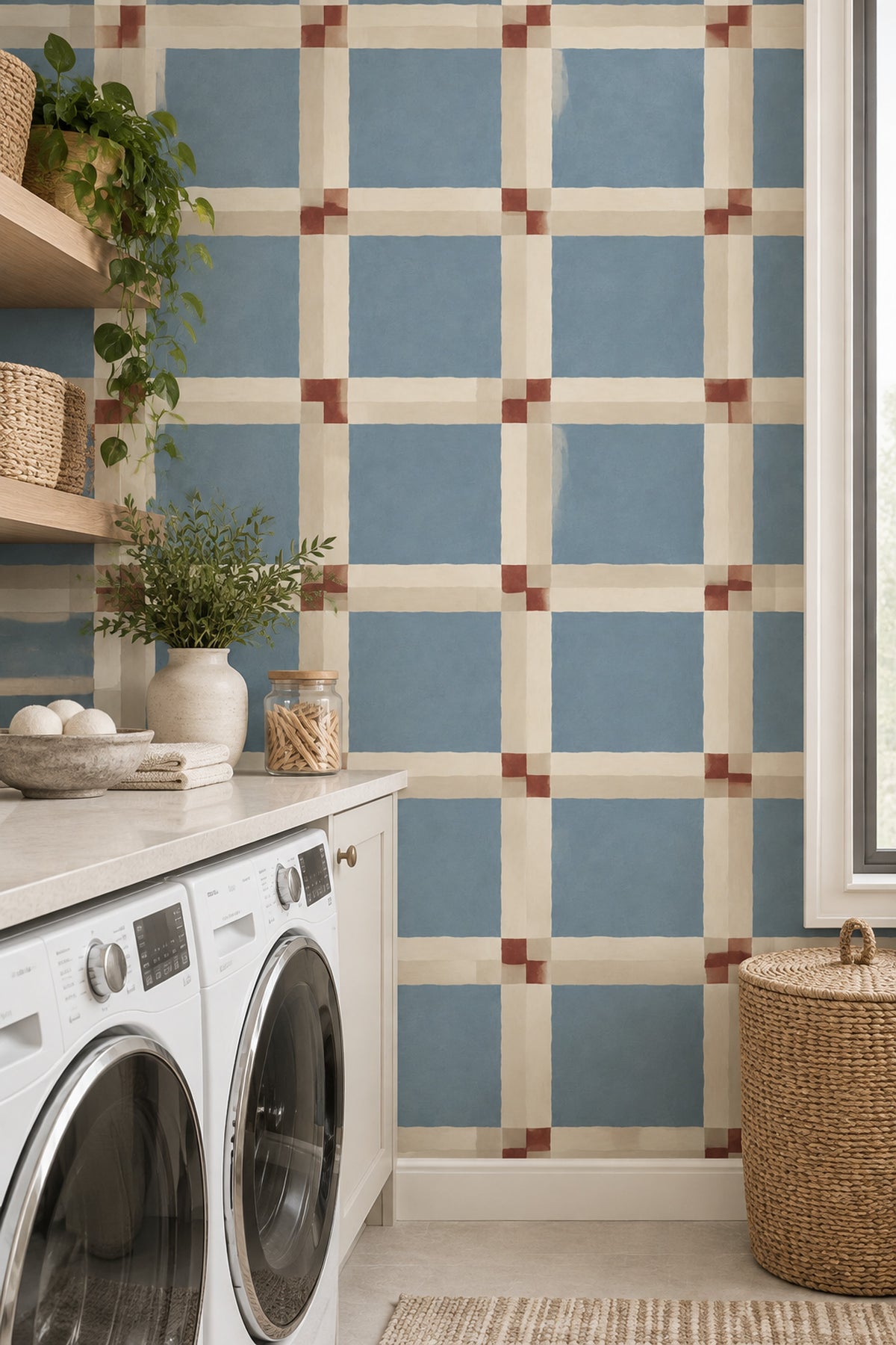 Blue Plaid Grid Wallpaper Ivory Stripes With Red Accents