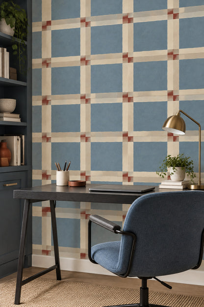 Blue Plaid Grid Wallpaper Ivory Stripes With Red Accents