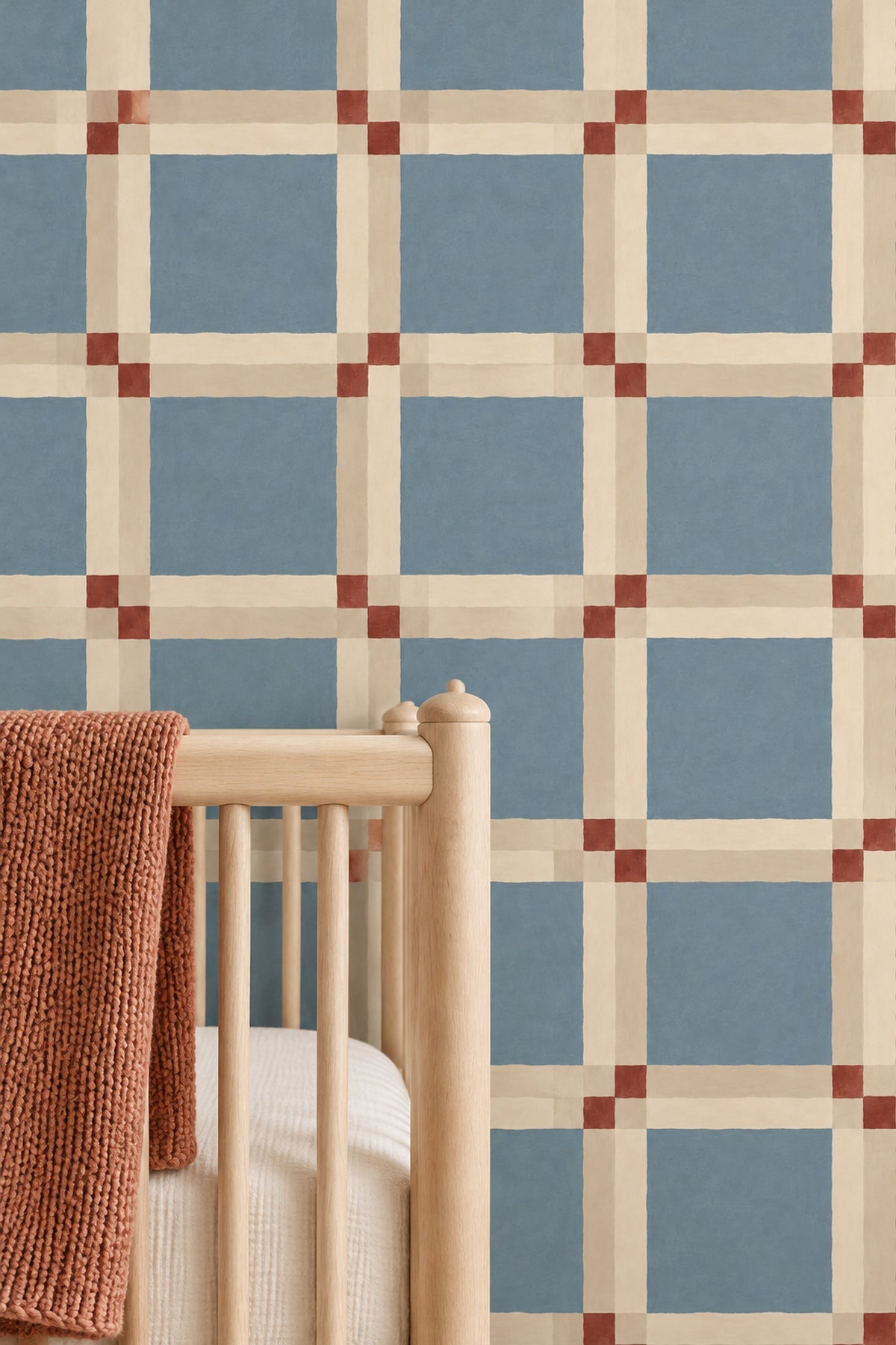 Blue Plaid Grid Wallpaper Ivory Stripes With Red Accents