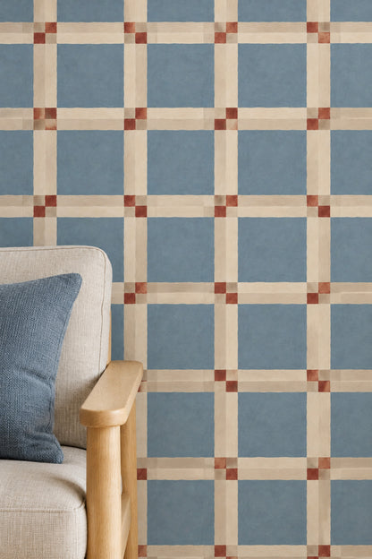 Blue Plaid Grid Wallpaper Ivory Stripes With Red Accents