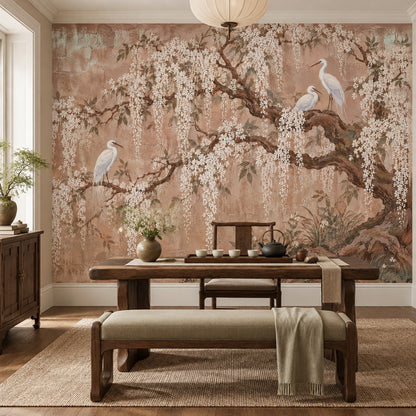 White Blossoms And Egrets Wallpaper Chinoiserie Garden Wall Mural