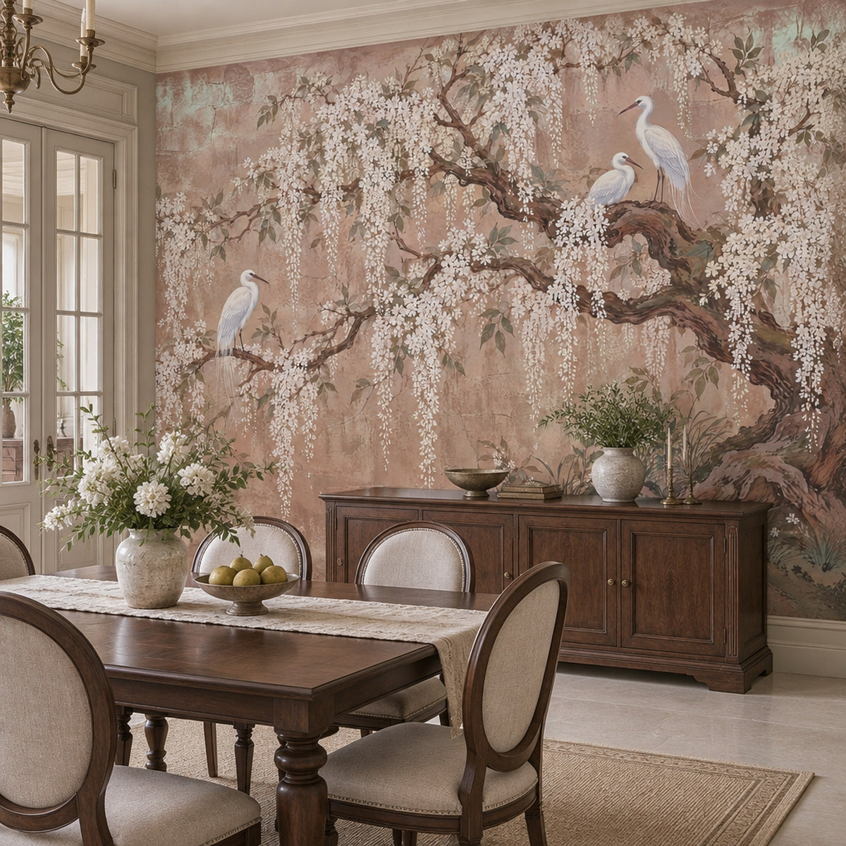 White Blossoms And Egrets Wallpaper Chinoiserie Garden Wall Mural