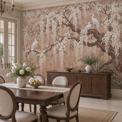 White Blossoms And Egrets Wallpaper Chinoiserie Garden Wall Mural