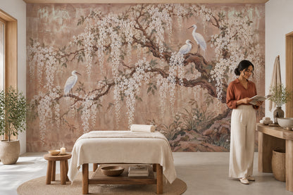 White Blossoms And Egrets Wallpaper Chinoiserie Garden Wall Mural
