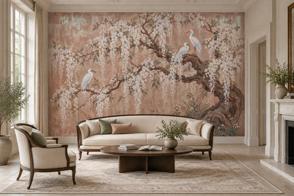 White Blossoms And Egrets Wallpaper Chinoiserie Garden Wall Mural
