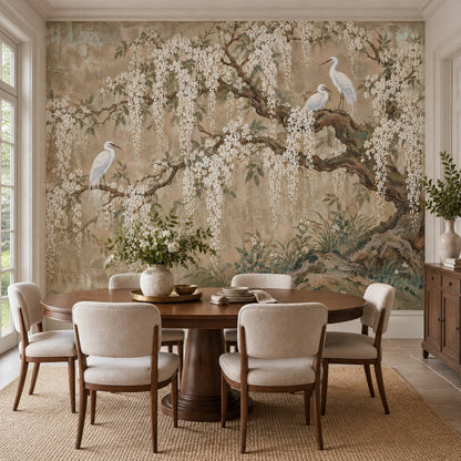 White Blossom Branches Wallpaper Chinoiserie Birds Wall Mural