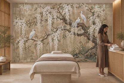 White Blossom Branches Wallpaper Chinoiserie Birds Wall Mural