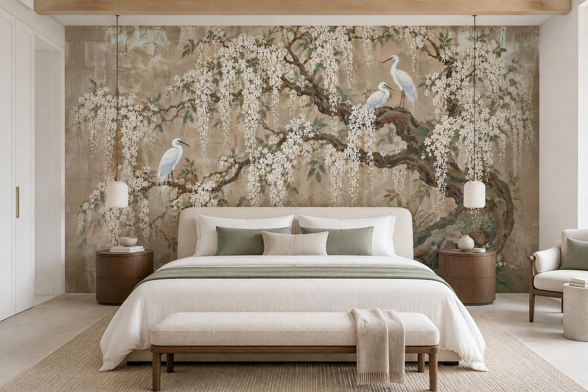 White Blossom Branches Wallpaper Chinoiserie Birds Wall Mural