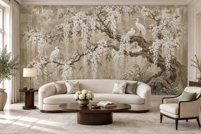 White Blossom Branches Wallpaper Chinoiserie Birds Wall Mural