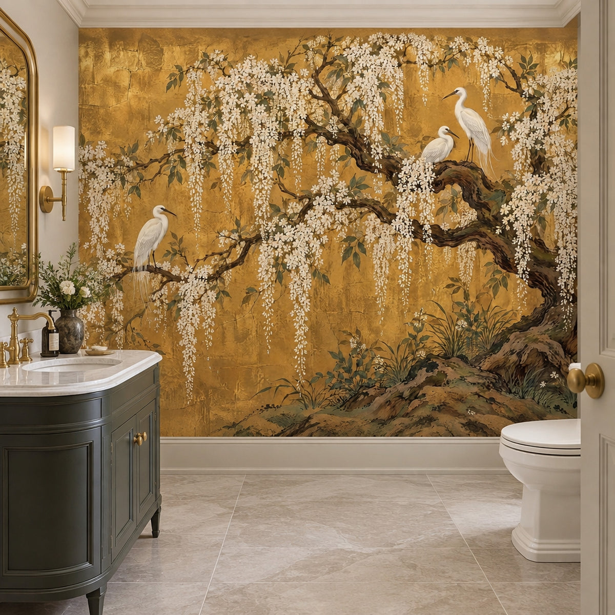 White Herons And Hanging Blossoms Wallpaper Antique Gold Wall Mural