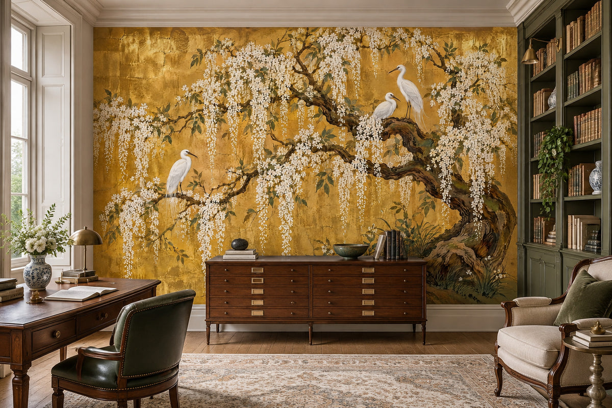 White Herons And Hanging Blossoms Wallpaper Antique Gold Wall Mural