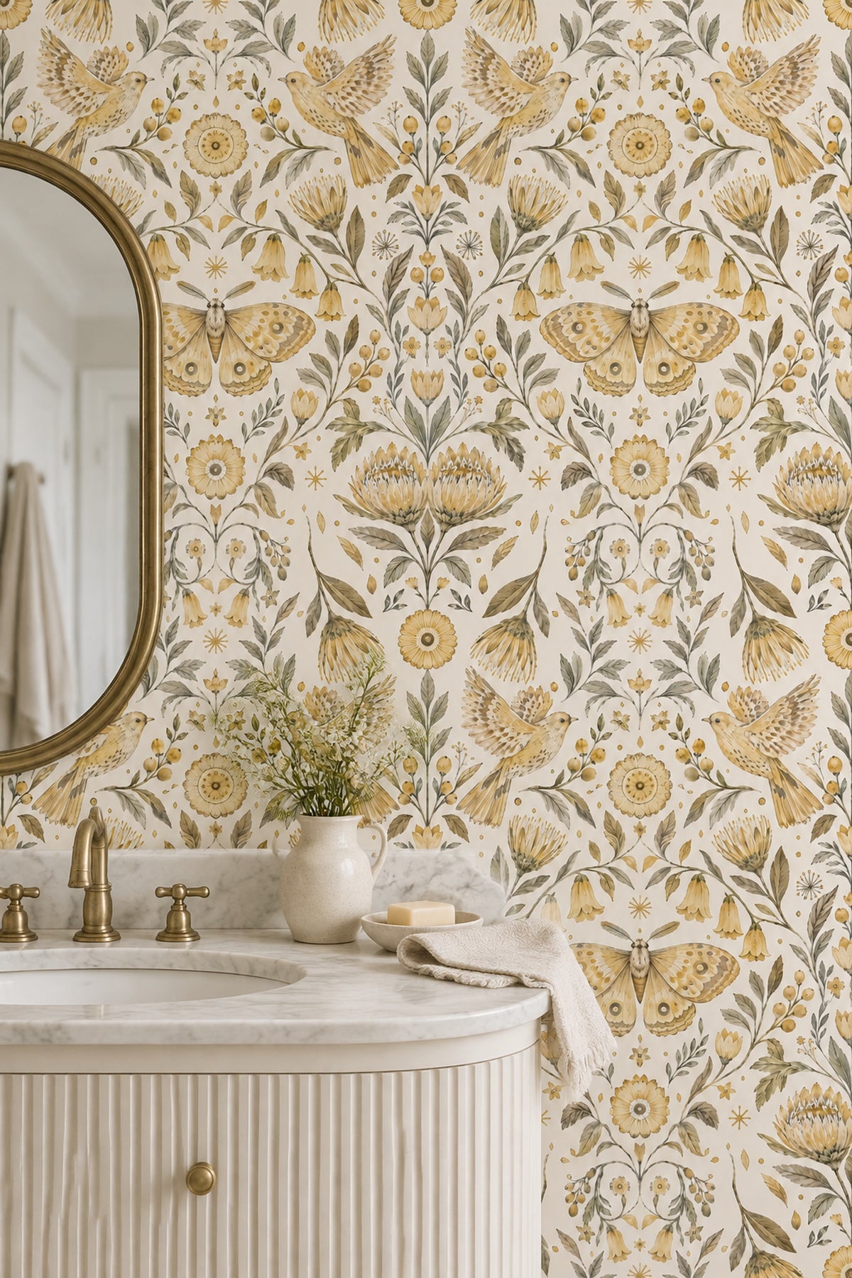 Flying Birds And Moth Wallpaper Symmetrical Vintage Botanical Ivory