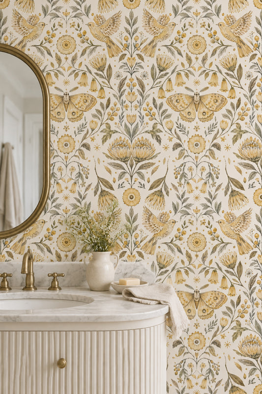 Flying Birds And Moth Wallpaper Symmetrical Vintage Botanical Ivory