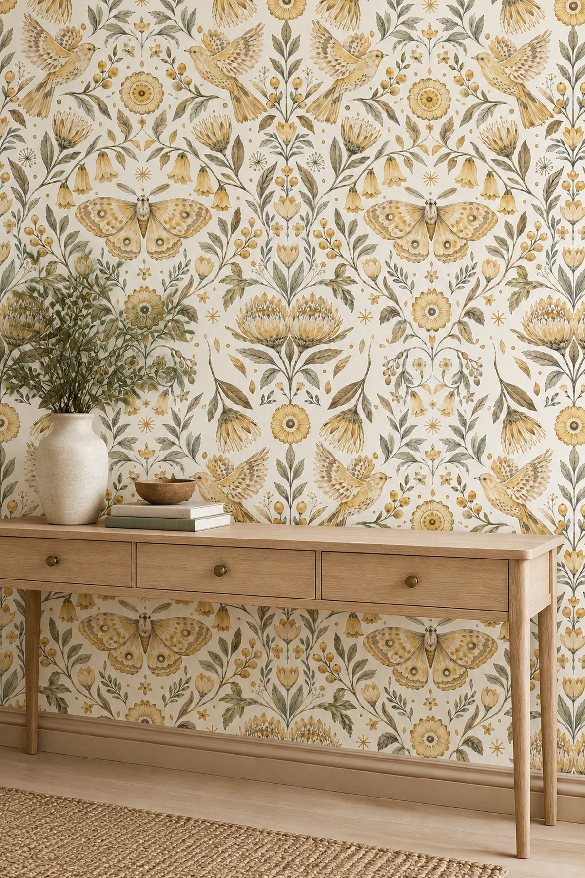 Flying Birds And Moth Wallpaper Symmetrical Vintage Botanical Ivory