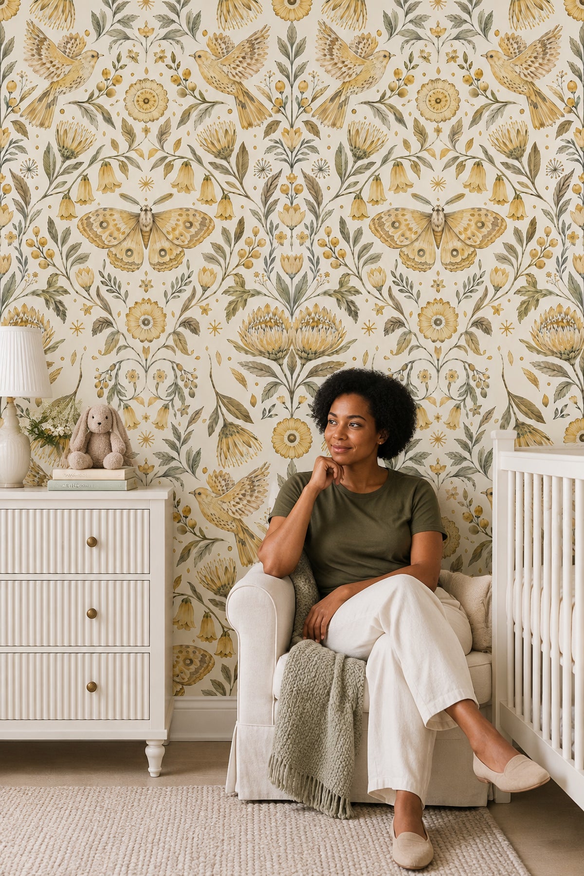 Flying Birds And Moth Wallpaper Symmetrical Vintage Botanical Ivory