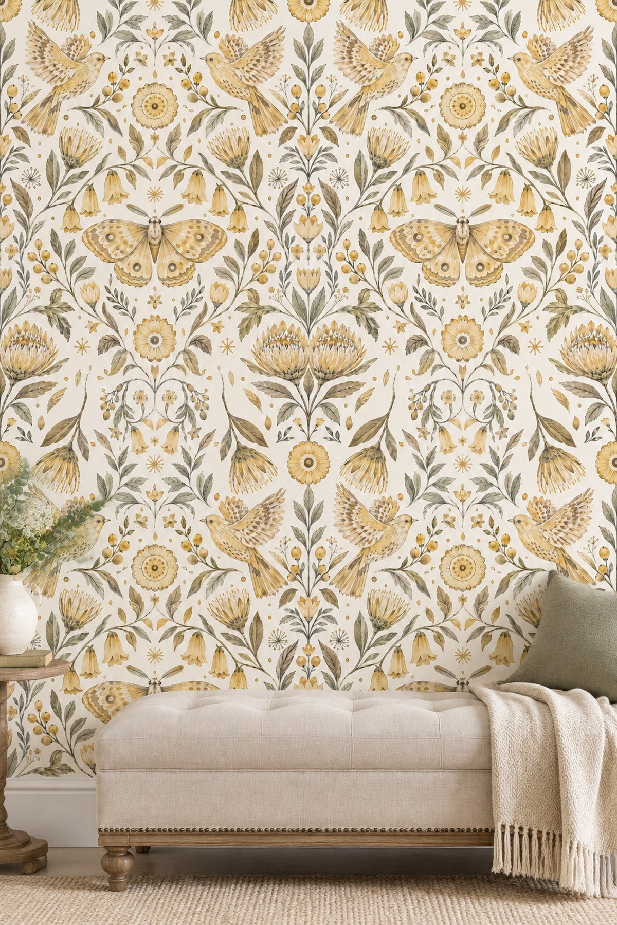 Flying Birds And Moth Wallpaper Symmetrical Vintage Botanical Ivory
