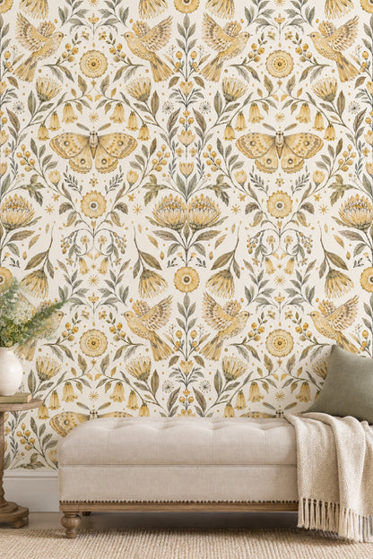 Flying Birds And Moth Wallpaper Symmetrical Vintage Botanical Ivory