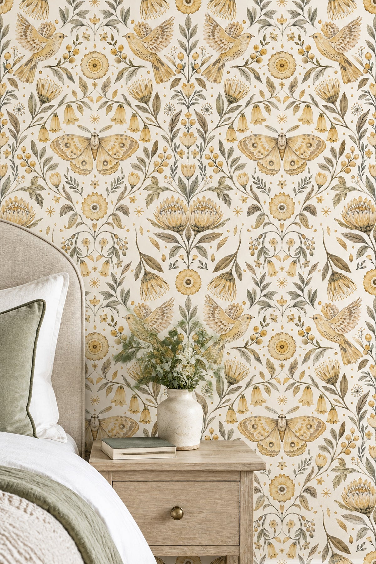 Flying Birds And Moth Wallpaper Symmetrical Vintage Botanical Ivory