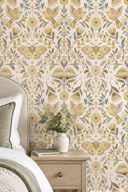 Flying Birds And Moth Wallpaper Symmetrical Vintage Botanical Ivory