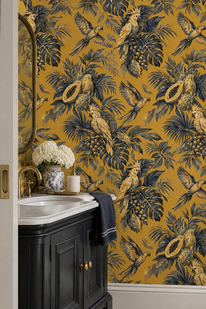 Parrots And Jungle Leaves Wallpaper Gold Background