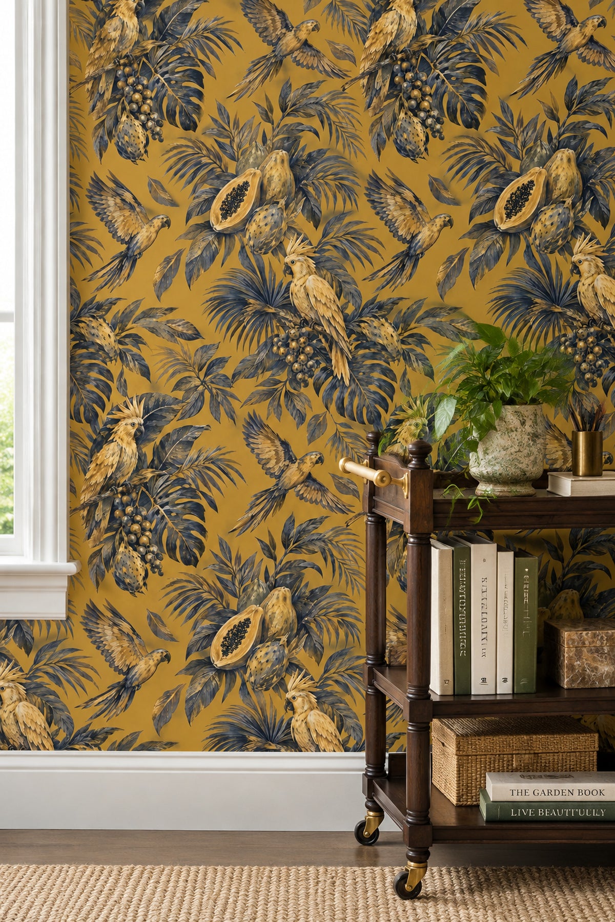Parrots And Jungle Leaves Wallpaper Gold Background