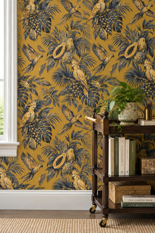 Parrots And Jungle Leaves Wallpaper Gold Background