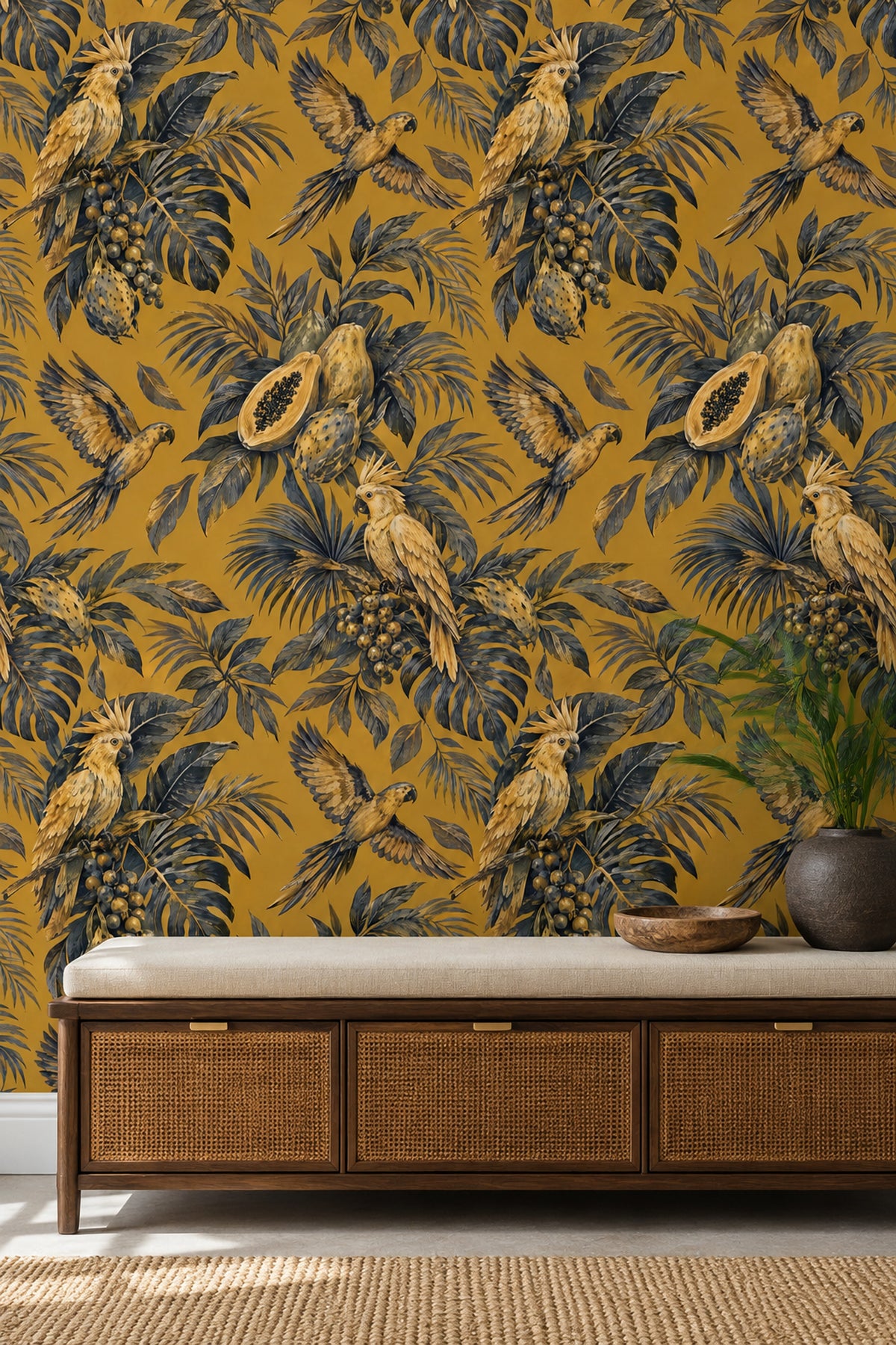 Parrots And Jungle Leaves Wallpaper Gold Background