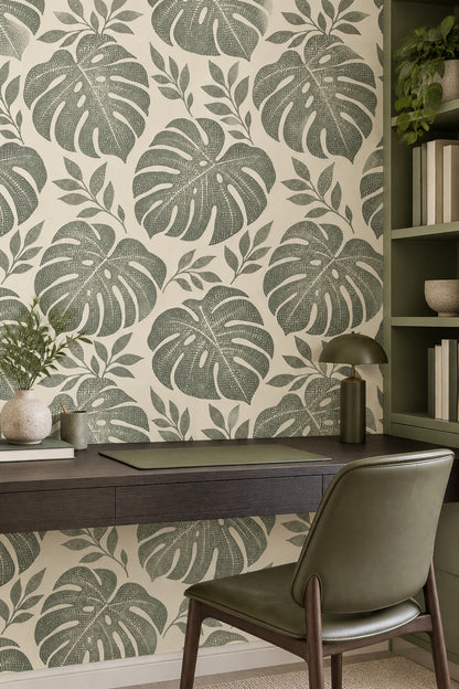 Monstera Leaves Wallpaper Stippled Botanical Pattern Cream Sage