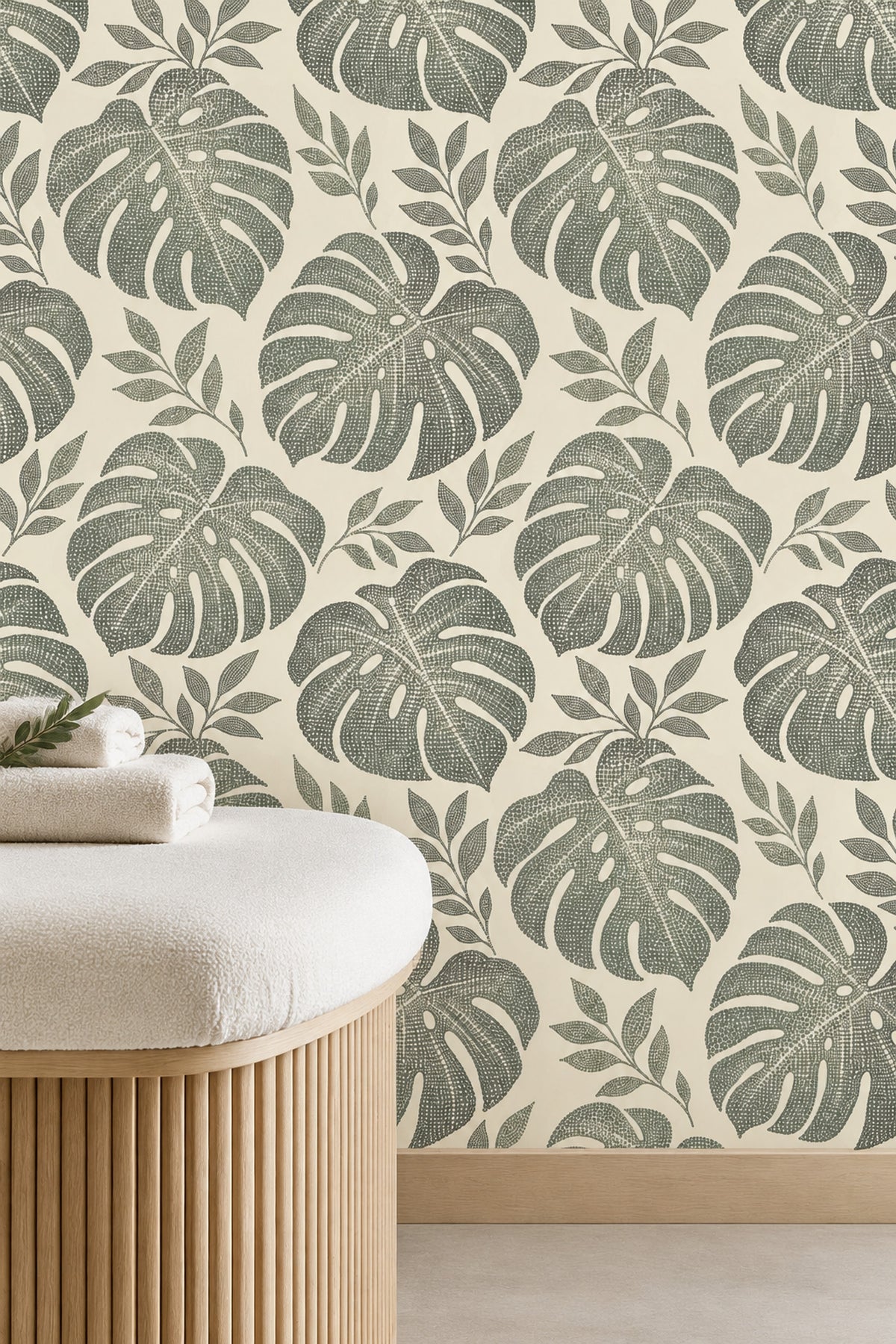 Monstera Leaves Wallpaper Stippled Botanical Pattern Cream Sage