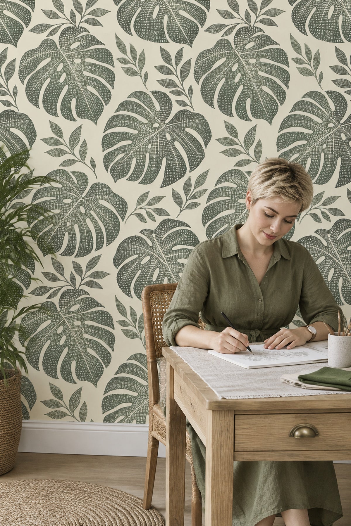 Monstera Leaves Wallpaper Stippled Botanical Pattern Cream Sage