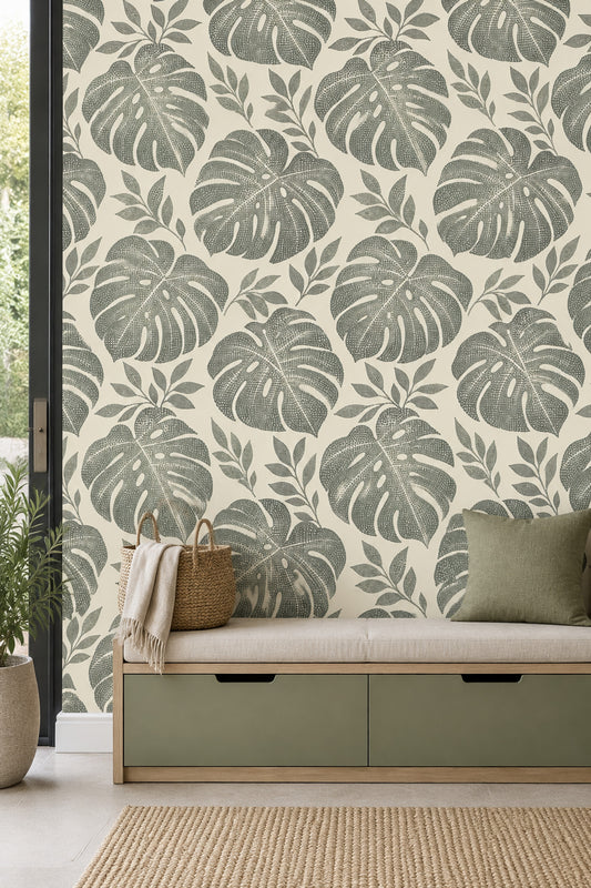 Monstera Leaves Wallpaper Stippled Botanical Pattern Cream Sage