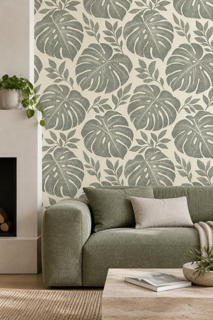 Monstera Leaves Wallpaper Stippled Botanical Pattern Cream Sage