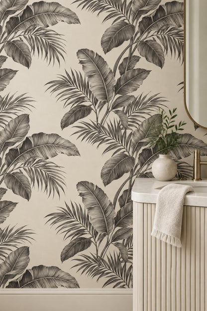 Tropical Leaves Wallpaper Grayscale Banana Leaf Ivory Background