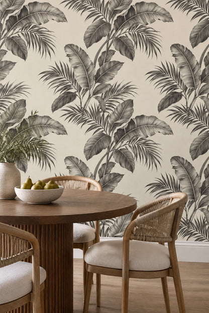 Tropical Leaves Wallpaper Grayscale Banana Leaf Ivory Background