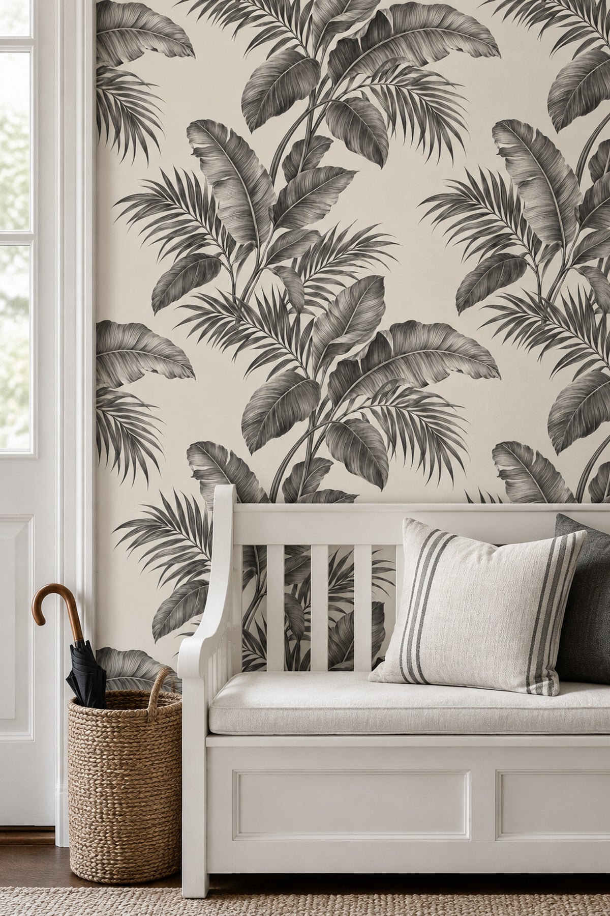 Tropical Leaves Wallpaper Grayscale Banana Leaf Ivory Background