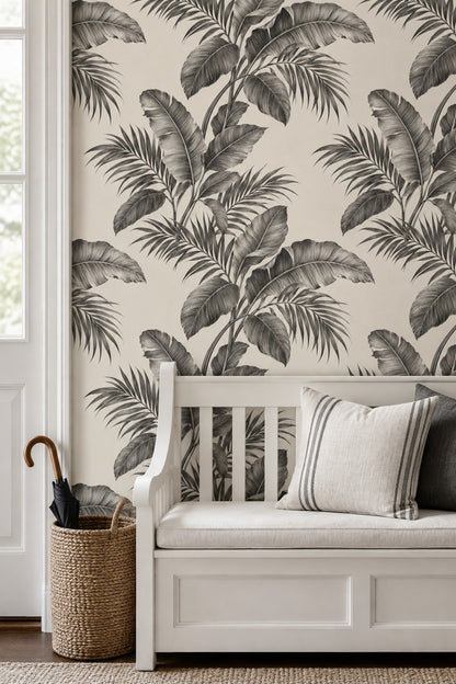 Tropical Leaves Wallpaper Grayscale Banana Leaf Ivory Background