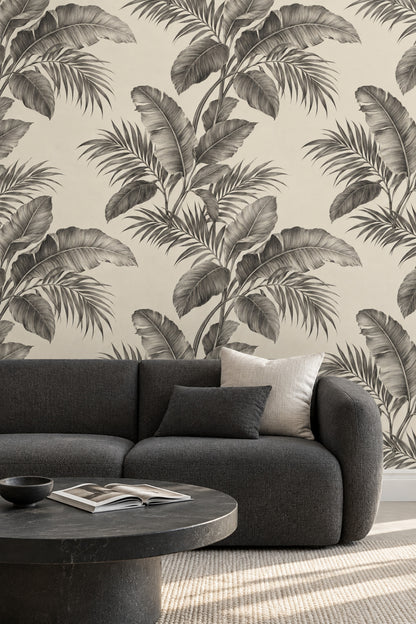 Tropical Leaves Wallpaper Grayscale Banana Leaf Ivory Background