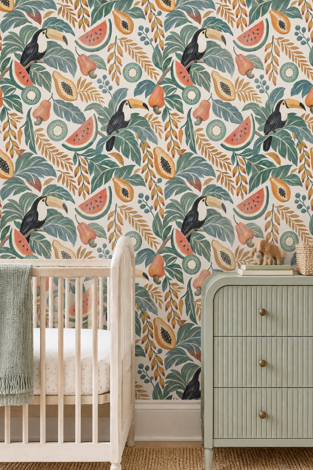 Toucan And Tropical Fruit Wallpaper Green Leaves Bright Palette