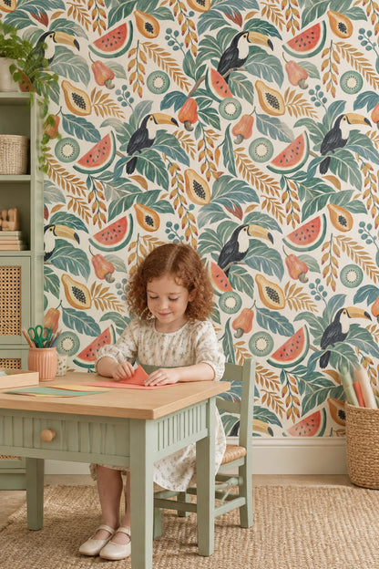 Toucan And Tropical Fruit Wallpaper Green Leaves Bright Palette