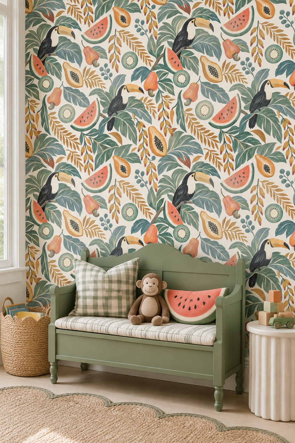 Toucan And Tropical Fruit Wallpaper Green Leaves Bright Palette