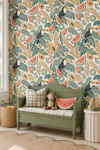 Toucan And Tropical Fruit Wallpaper Green Leaves Bright Palette