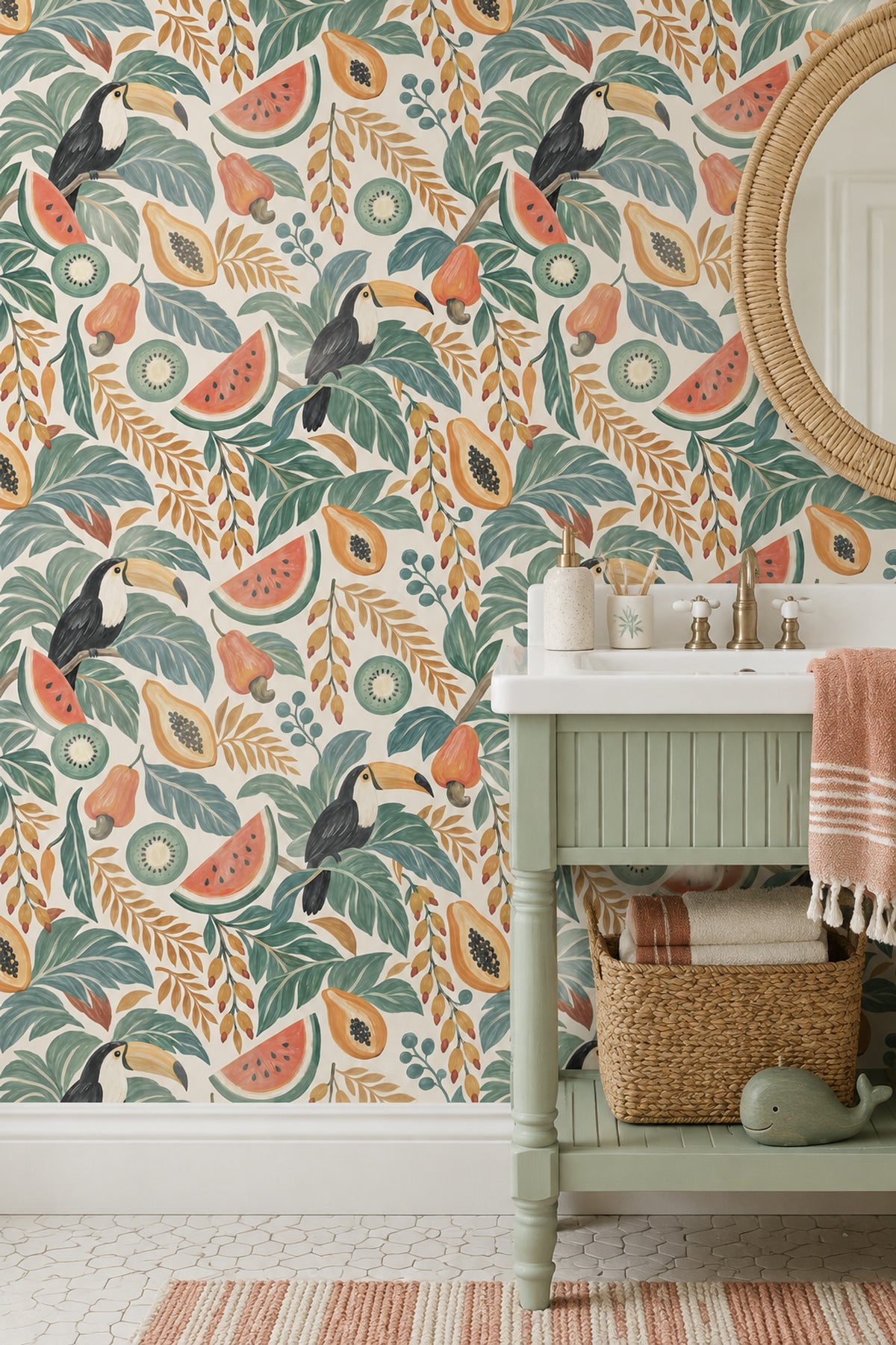 Toucan And Tropical Fruit Wallpaper Green Leaves Bright Palette