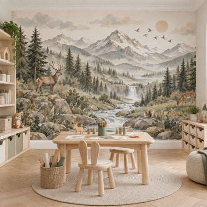 Deer And Waterfall Mountain Wallpaper Alpine Woodland Wall Mural
