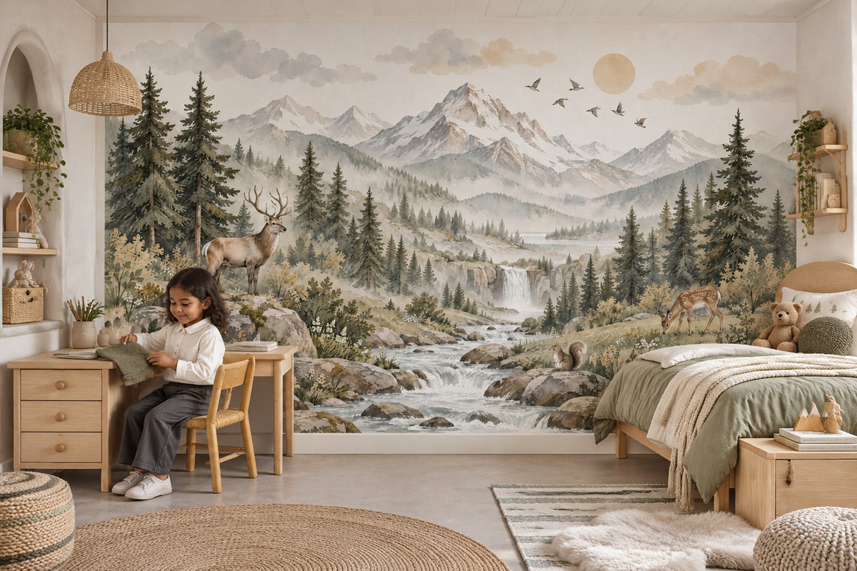 Deer And Waterfall Mountain Wallpaper Alpine Woodland Wall Mural