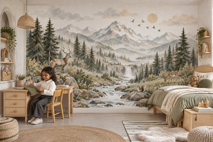 Deer And Waterfall Mountain Wallpaper Alpine Woodland Wall Mural